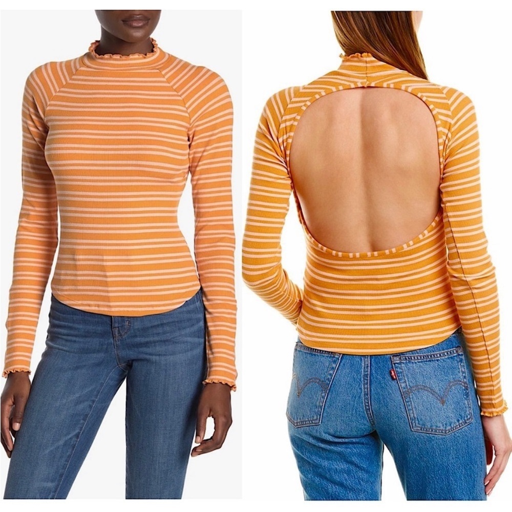 Striped Open-Back Long Sleeve Top - Orange